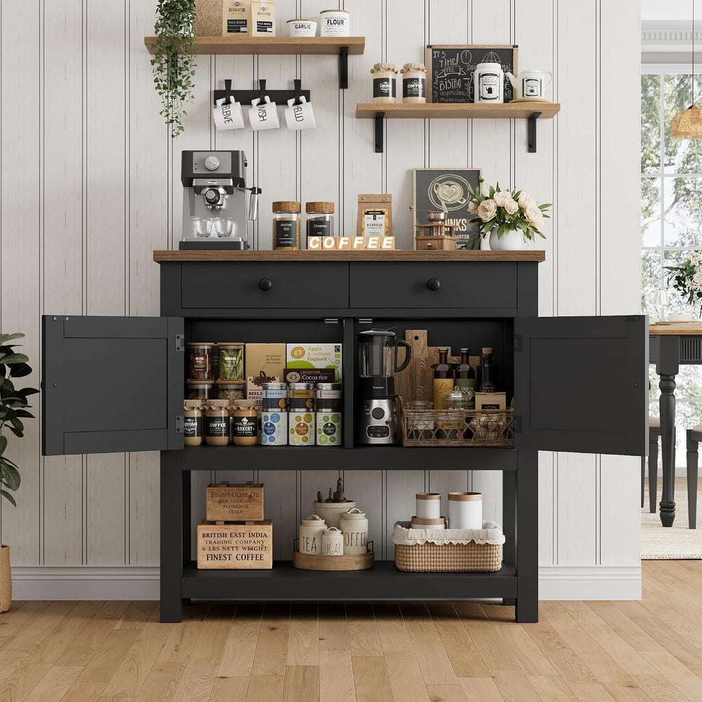 HOSTACK Farmhouse Console Table with 2-Door Cabinet & 2 Drawers, Coffee Bar, Entryway Table with Storage Shelf, Sofa Tables Buffet Sideboard for Kitchen, Hallway, Dining, Living Room, Black