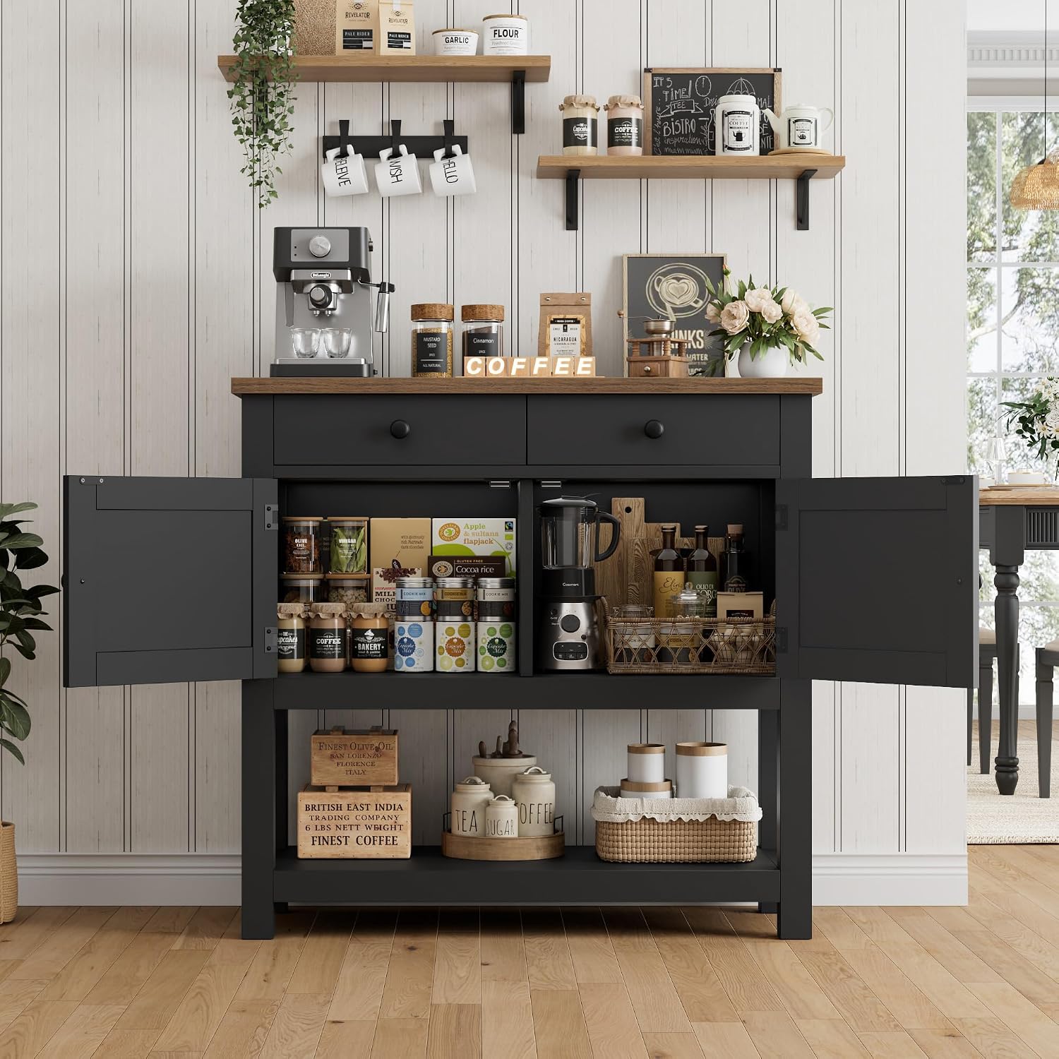 HOSTACK Farmhouse Console Table with 2-Door Cabinet & 2 Drawers, Coffee Bar, Entryway Table with Storage Shelf, Sofa Tables Buffet Sideboard for Kitchen, Hallway, Dining, Living Room, Black
