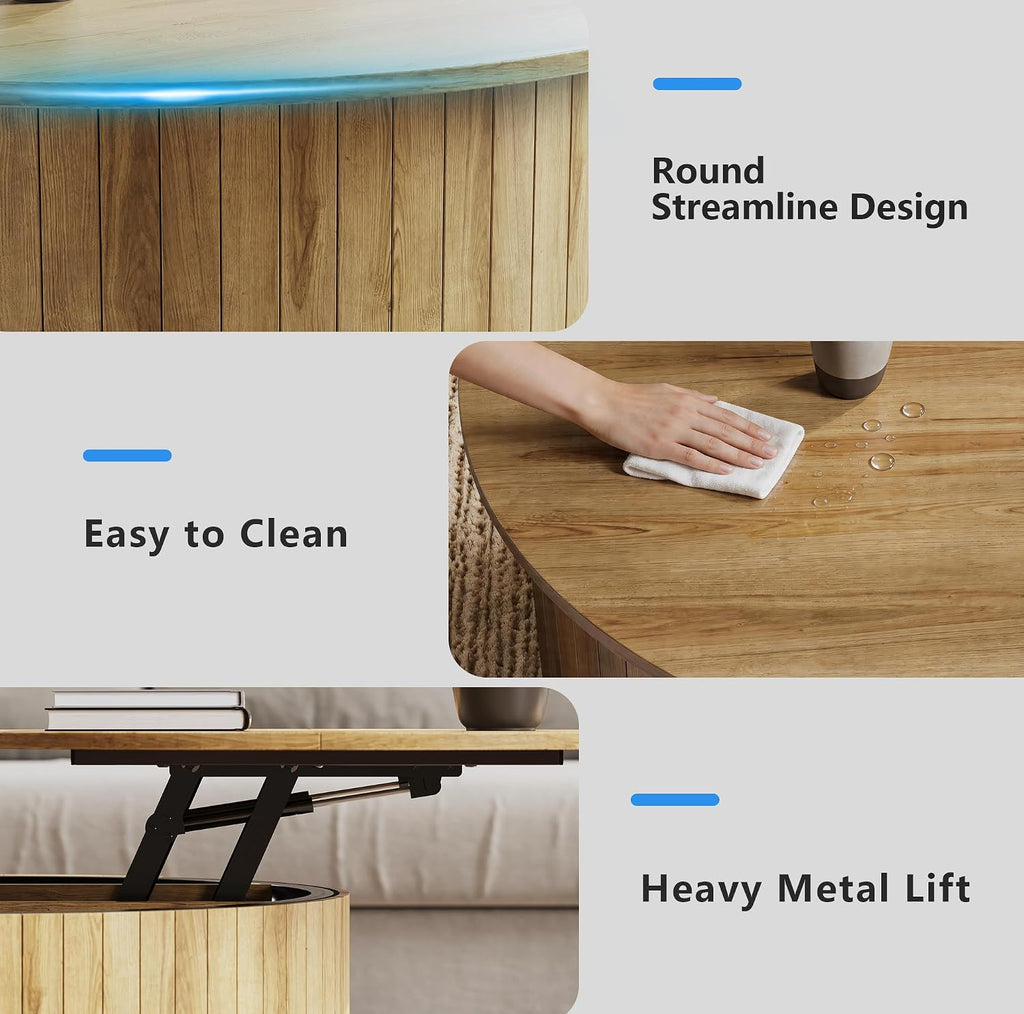 kepptory Round Lift Top Coffee Table with LED Lights, Mid Century Modern Wooden Coffee Tables with 3 Storage Space, Circle Center Table for Living Rooms,Dining Room,Bedroom Home Office,APP LED Lights