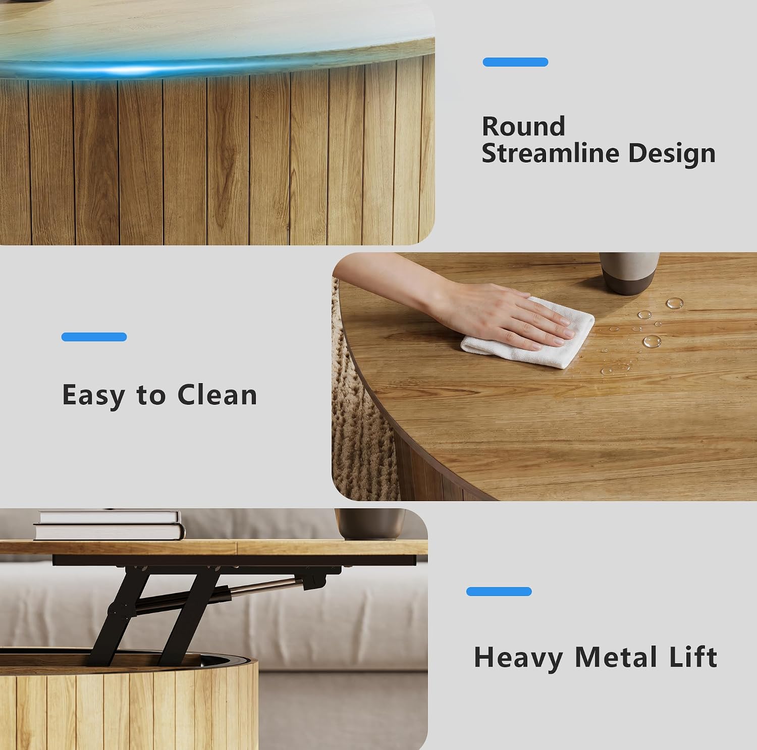 kepptory Round Lift Top Coffee Table with LED Lights, Mid Century Modern Wooden Coffee Tables with 3 Storage Space, Circle Center Table for Living Rooms,Dining Room,Bedroom Home Office,APP LED Lights
