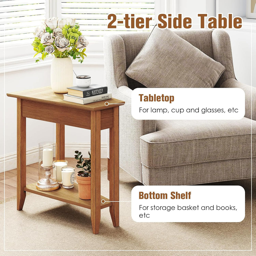 Giantex Wedge End Table, Triangle Side Table with Storage Shelf and Solid Wood Legs, 24.5' Tall Nightstand, Modern Narrow Accent Recliner Table for Small Space Living Room, Walnut