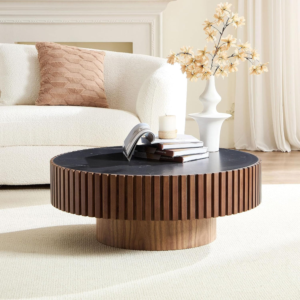 Round Coffee Table 35.43'' Circle Sintered Stone Tabletop Modern Wood Fluted Coffee Table for Living Room Apartment, Easy Assembly, Walnut