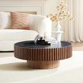 Round Coffee Table 35.43'' Circle Sintered Stone Tabletop Modern Wood Fluted Coffee Table for Living Room Apartment, Easy Assembly, Walnut