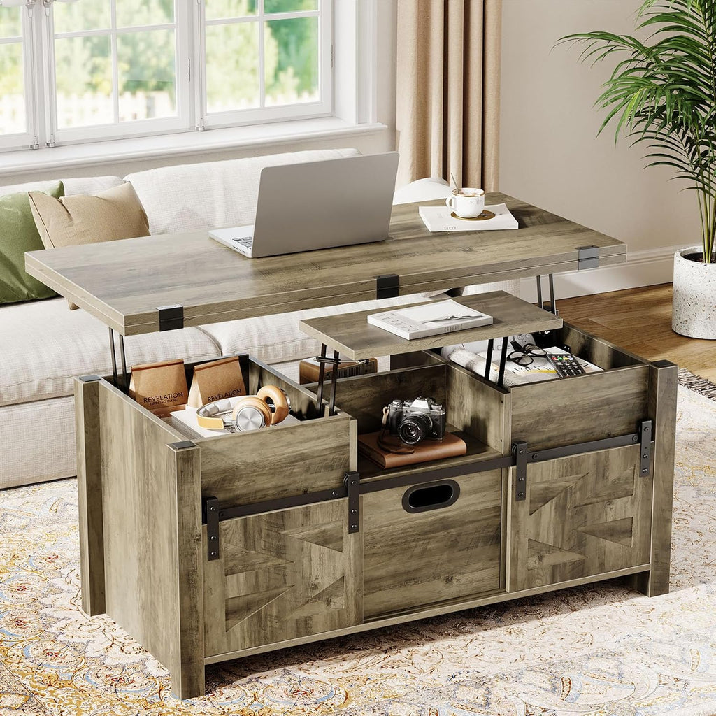 Memobarco 40' Farmhouse Lift Top Coffee Table with Sliding Barn Door,4 in 1 Multi-Function Coffee Tables with Storage Drawers & Hidden Compartment,Converts to Dining Table for Living Room,Grey
