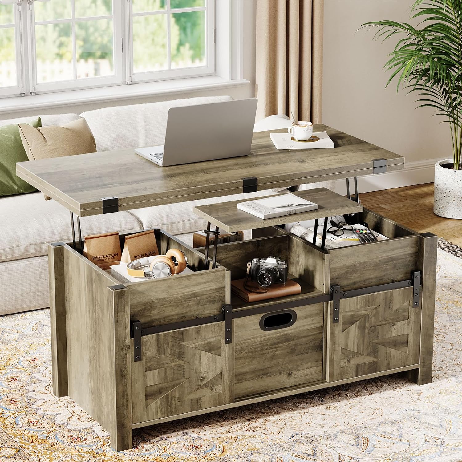 Memobarco 40' Farmhouse Lift Top Coffee Table with Sliding Barn Door,4 in 1 Multi-Function Coffee Tables with Storage Drawers & Hidden Compartment,Converts to Dining Table for Living Room,Grey