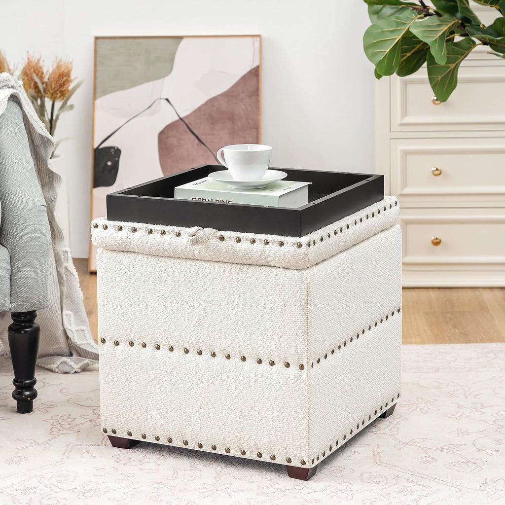 Adeco 18' Velvet Storage Ottoman with Tray Top, Modern Square Cube Footrest Coffee Table for Living Room, Bedroom, Dorm - Warm White, No Assembly Required