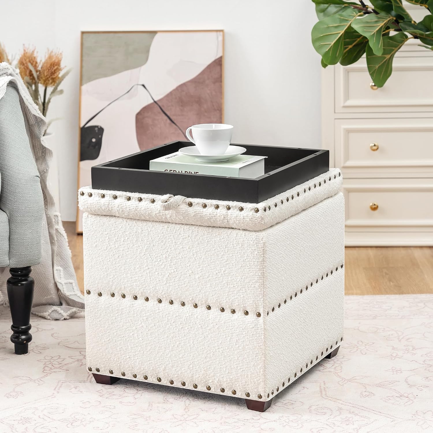 Adeco 18' Velvet Storage Ottoman with Tray Top, Modern Square Cube Footrest Coffee Table for Living Room, Bedroom, Dorm - Warm White, No Assembly Required