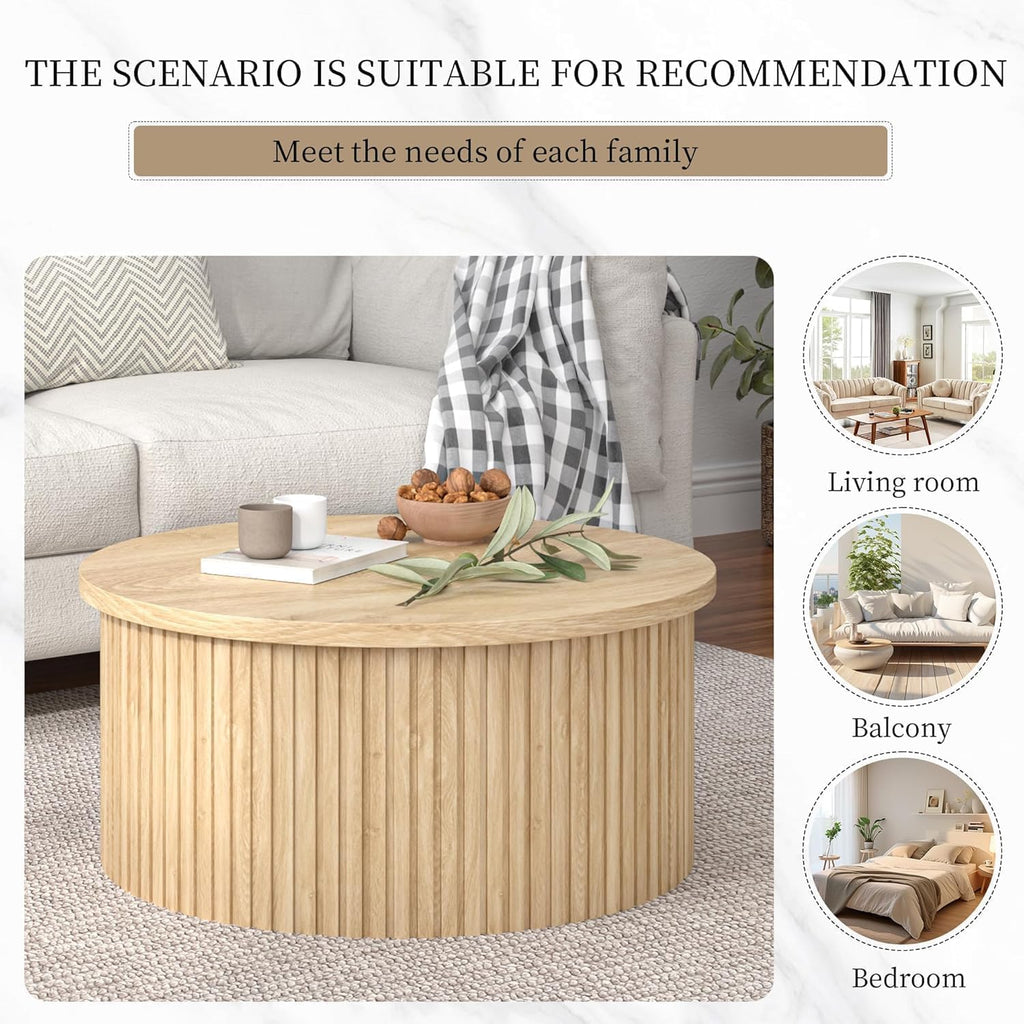 Fsbecl Fluted Lift Top Coffee Table with Storage, 34.6'' Round Coffee Tables for Living Room, Circle Wood Center Table with Hidden Conpartment (Wood Color)