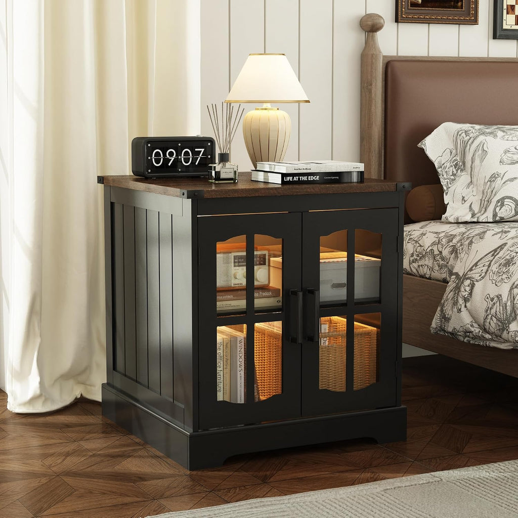 ChooChoo Rustic End Table, 24' Large Sofa Side Table with Charging Station & LED Light, Black Nightstand with Adjustable Storage Shelf, Square Bedside Table for Living Room, Bedroom, Office