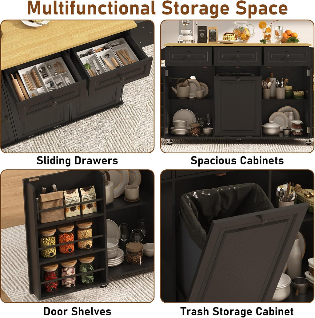 St.Mandyu 63 inch Rolling Kitchen Island with Power Outlet, Drop Leaf & Storage Cabinet - Mobile Cart with Hidden Trash Cabinet, Spice Rack, Shelves, and Towel Holder for Small Spaces,Black