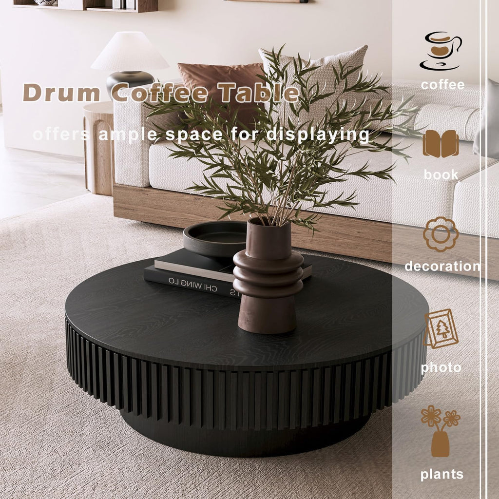 39'' Round Coffee Table with Storage, Modern Wooden Coffee Table with Solid Wood Veneered, Circle Center Table Accent Tea Table for Living Room Apartment Black