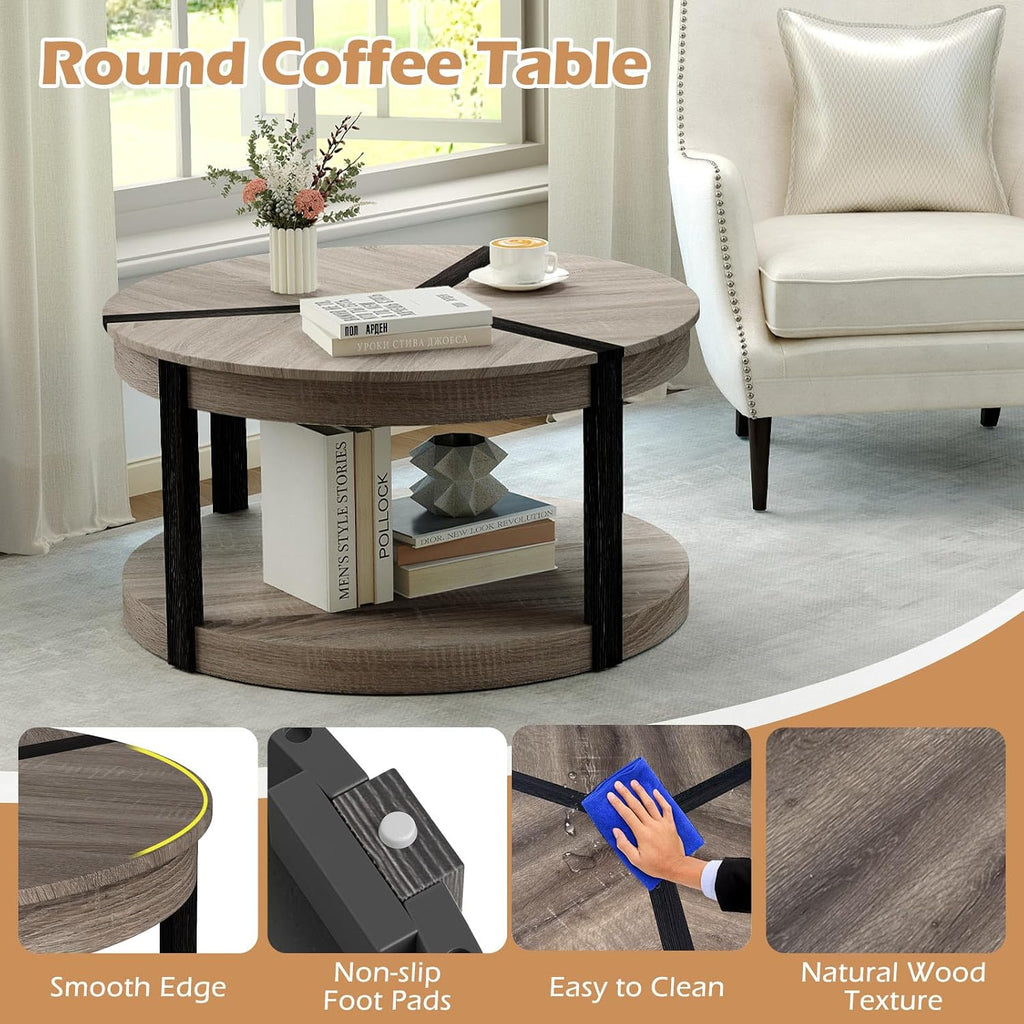 Giantex Round Coffee Table, 34.5' Mid Century Modern Circle Cocktail Accent Table with Open Storage Shelf & Rubber Wood Frame, 2 Tier Center Table for Living Room Reception Room, Grey Oak
