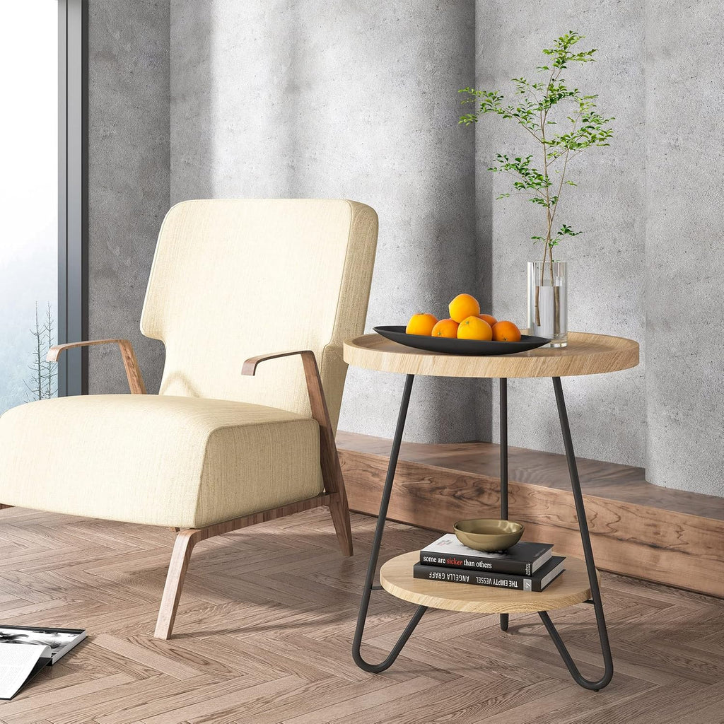 Tribesigns Set of 2 Round Side Table, 2-Tier End Table with Metal Legs, Modern Industrial Beside Table, Small Accent Table Snack Table for Living Room, Bedroom, Small Space, Wood Color