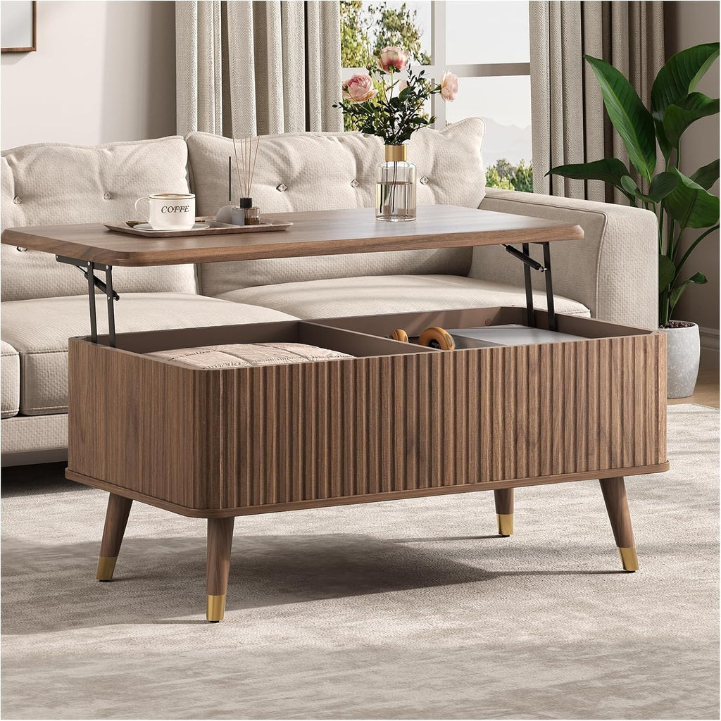 Lift Top Coffee Table with Storage, Mid Century Modern Coffee Table with Solid Wood Legs, 38' Minimalist Fluted Center Table for Living Room, Home Office, Walnut