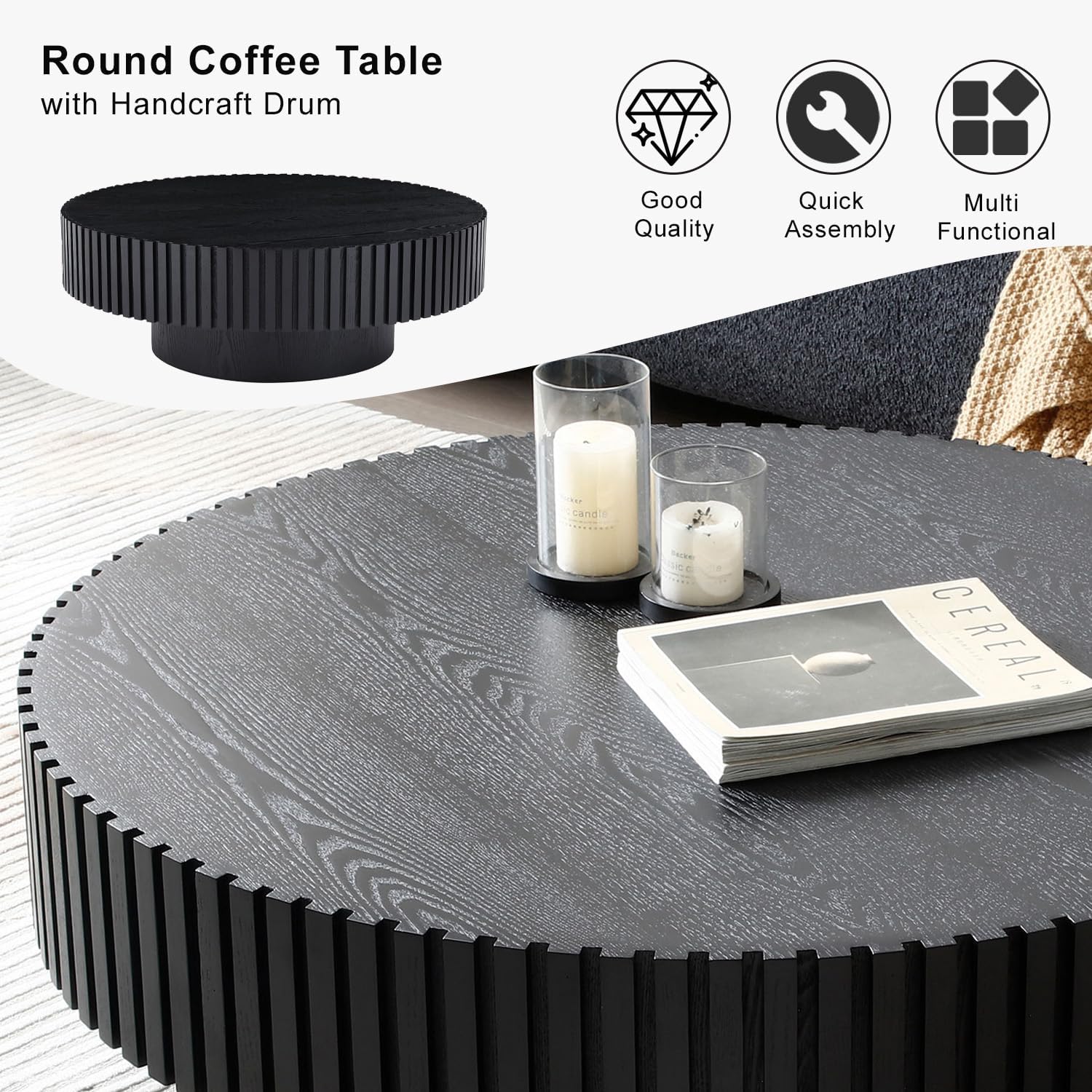 39' Round Black Coffee Table for Living Room, Mid Century Modern Coffee Table with Sturdy Pedestal, Circle Center Table Accent Tea Table for Apartment