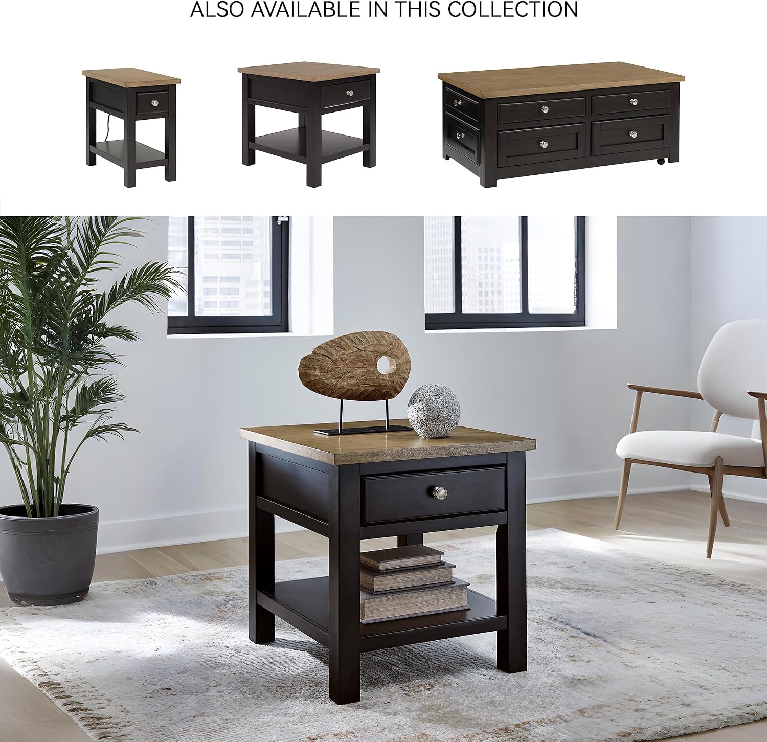 Signature Design by Ashley Drazmine Casual End Table with 1 Lower Shelf, Light Brown & Black