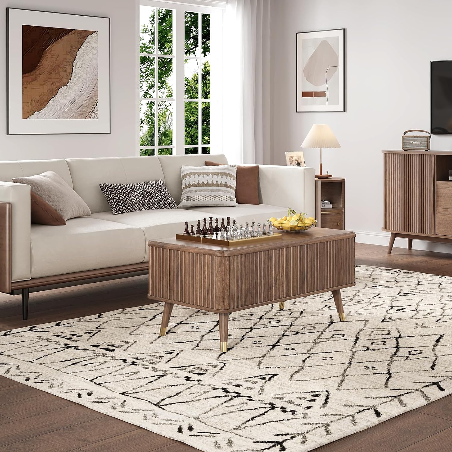 Lift Top Coffee Table with Storage, Mid Century Modern Coffee Table with Solid Wood Legs, 38' Minimalist Fluted Center Table for Living Room, Home Office, Walnut