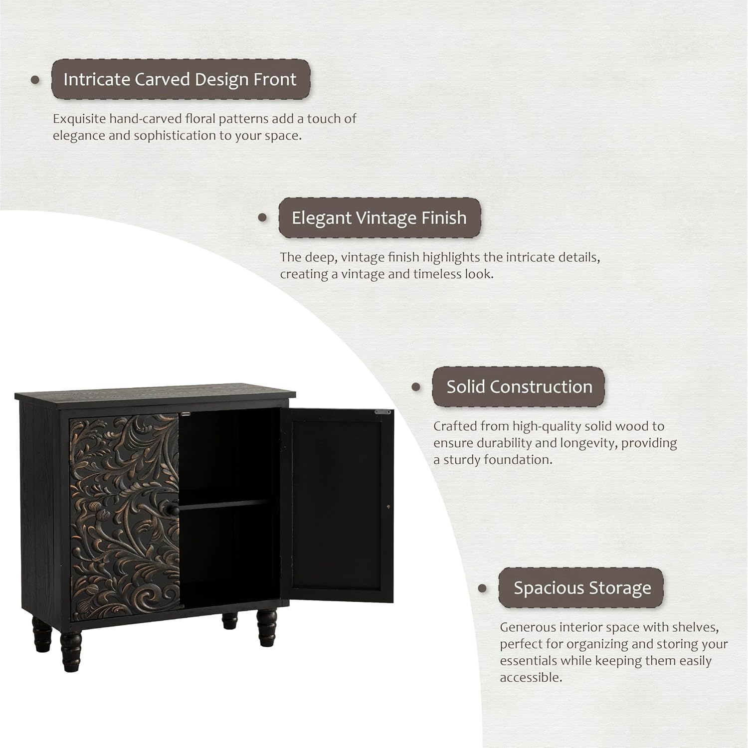 2 Door Farmhouse Storage Cabinet with Embossed Distressed Flower Motif, Vintage Side Table for Living Room, Bedroom, Boho, Black