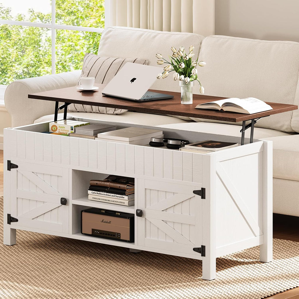 47.3' Lift Top Coffee Table with Storage - White Coffee Tables for Living Room, Farmhouse Wood Center Table, Large Rectangle Middle Tables with Hidden Compartment & Adjustable Shelf