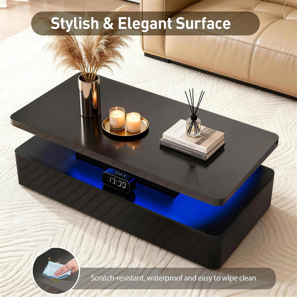 40' Modern Coffee Table with 16 Colors LED Lights, 2 Tier Rectangular Center Table with Large Storage Space, Stylish High Glossy Wooden Tea Tables for Living Room, Bedroom, Home Office, Black