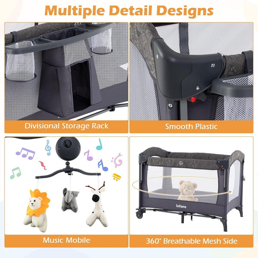 INFANS 4 in 1 Baby Bassinet, Converts Pack and Play to Portable Bedside Crib Sleeper with Diaper Changer, Mattress, Carry Bag, Music Box, Hanging Toys for Infants Toddlers(Grey)