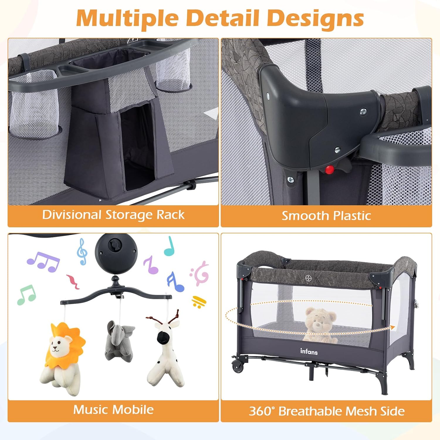 INFANS 4 in 1 Baby Bassinet, Converts Pack and Play to Portable Bedside Crib Sleeper with Diaper Changer, Mattress, Carry Bag, Music Box, Hanging Toys for Infants Toddlers(Grey)