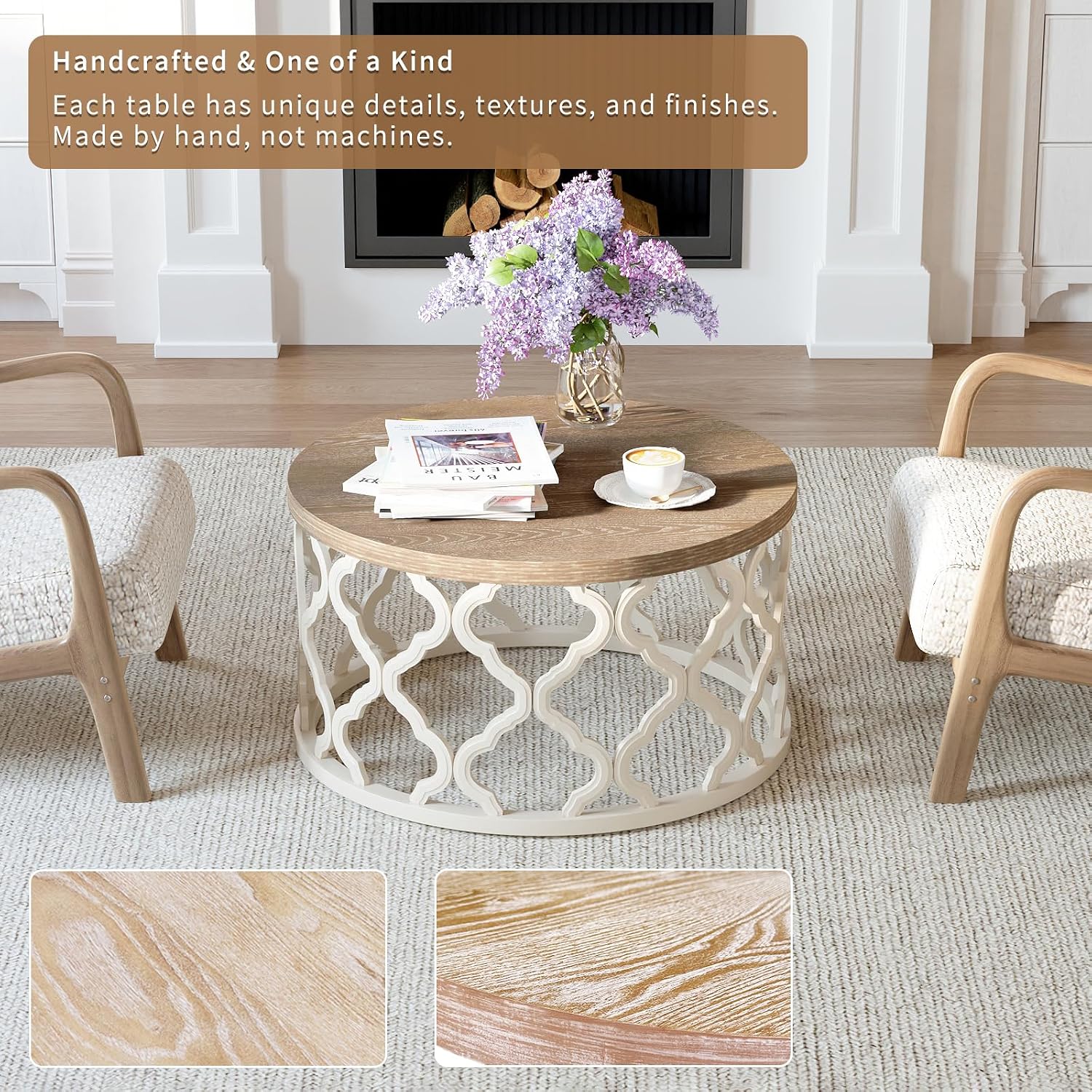 Farmhouse Coffee Table, French Country Round Coffee Table, Coastal Coffee Table with Distressed Top, Boho Center Table with Curved Motif Frame Base for Living Room, Dining Room, Bedroom, Cream Beige