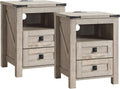 T4TREAM Farmhouse Nightstand Set of 2, Rustic End Table with 2 Drawers, Charging Station, Storage Open Shelf for Bedroom, Living Room, Wood Side Table, Light Rustic Oak