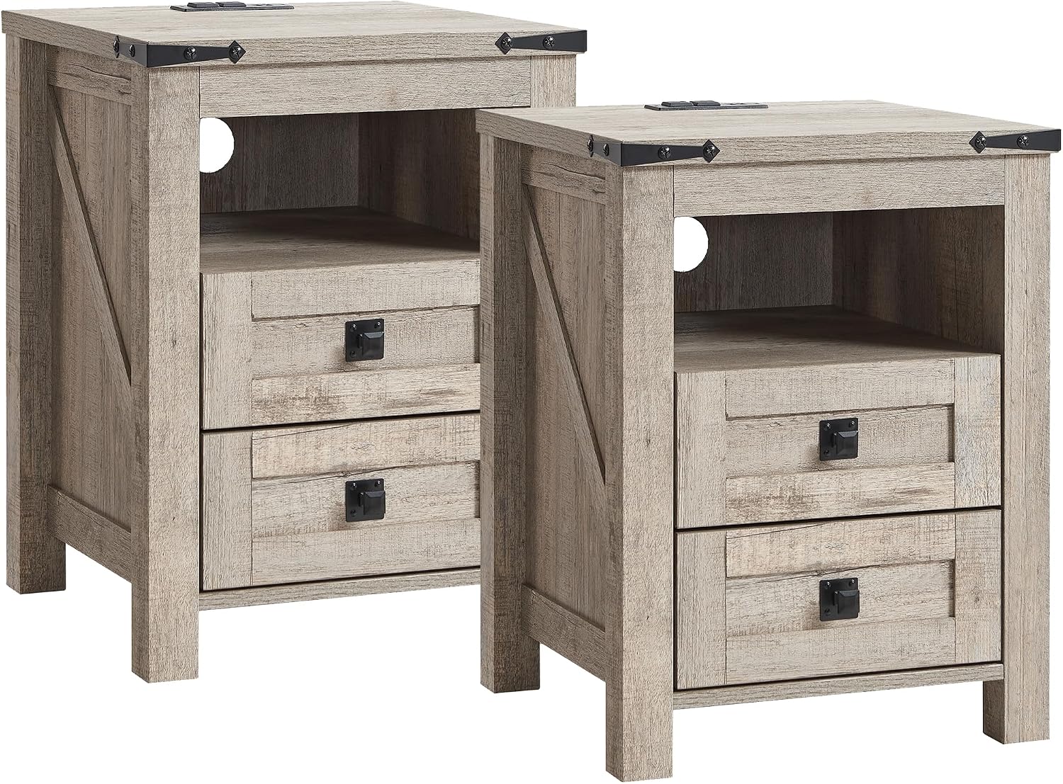 T4TREAM Farmhouse Nightstand Set of 2, Rustic End Table with 2 Drawers, Charging Station, Storage Open Shelf for Bedroom, Living Room, Wood Side Table, Light Rustic Oak