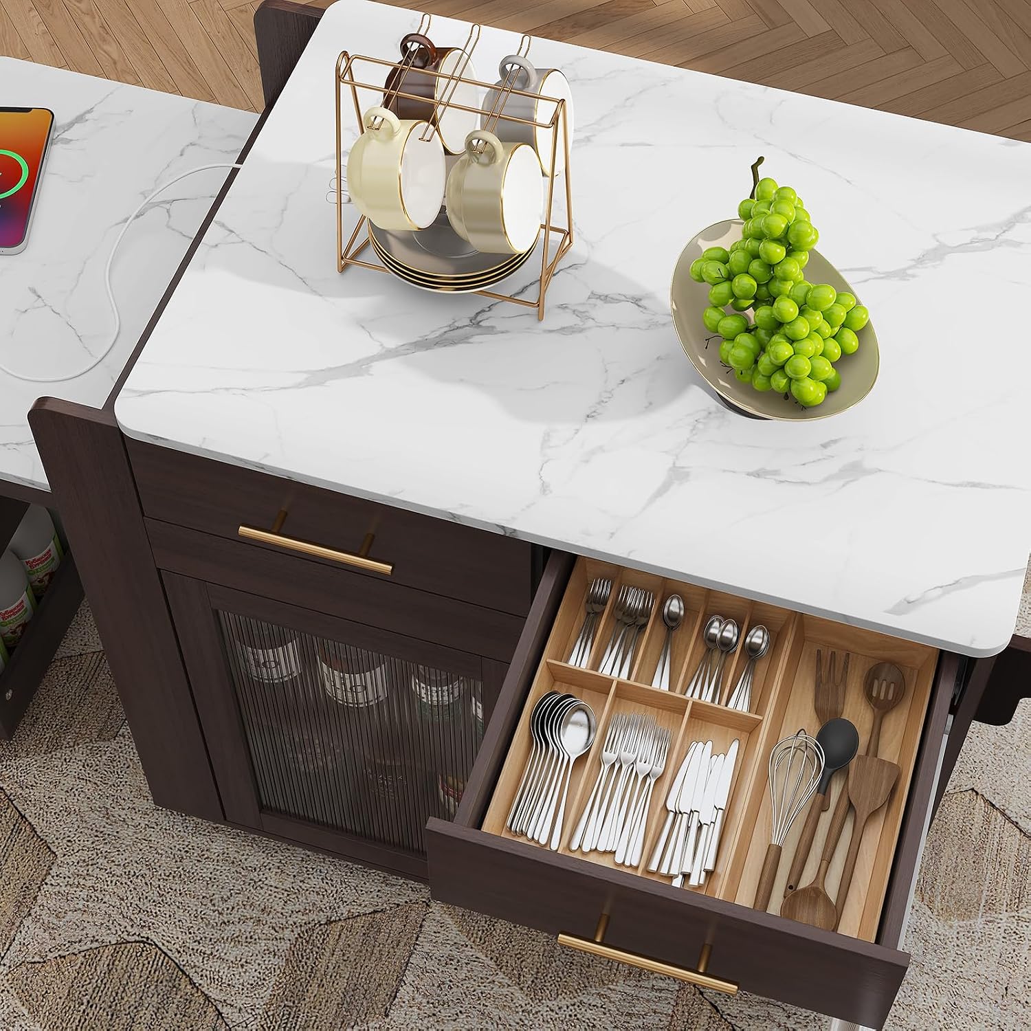 HLR Kitchen Island with Extendable Dining Table, Marble Grain Countertop Island with Power Outlet, Rolling Storage Cart on Wheels with Storage Cabinet and 2 Drawers, Prep Table for Kitchen