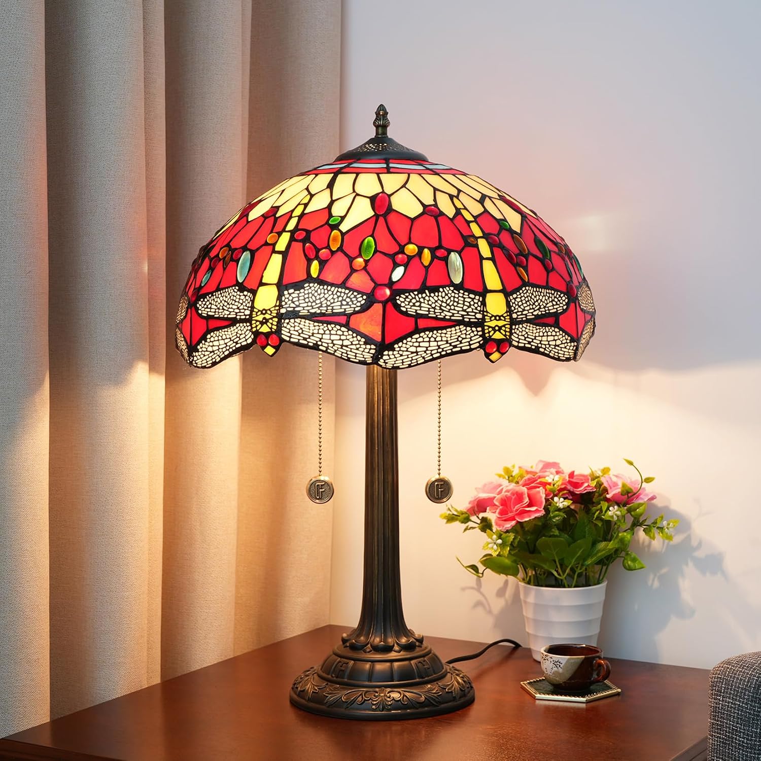 W16H9 Inch Tiffany Lamp Shade Replacement, Stained glass Dragonfly style Lampshades, Only Handmade Retro lampshade Replacement for Table Lamp Pendant Light Floor Lamp Ceiling Fixture,Red