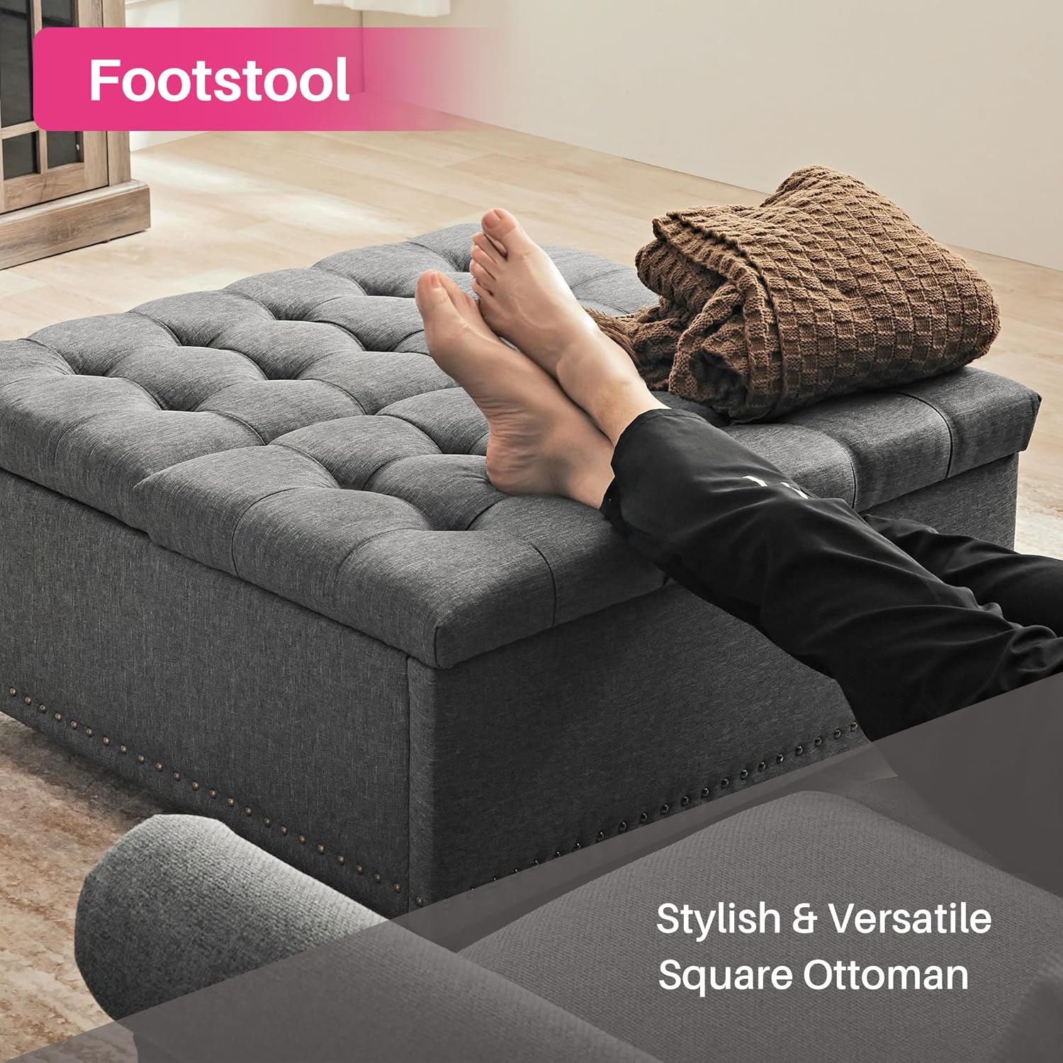 Redlife 35 Inch Large Square Storage Ottoman, Storage Ottoman Coffee Table with Lift Top Linen Ottomans Bench Square Footrest Oversized Upholstered Coffee Table for Living Room Bedroom (Dark Grey)
