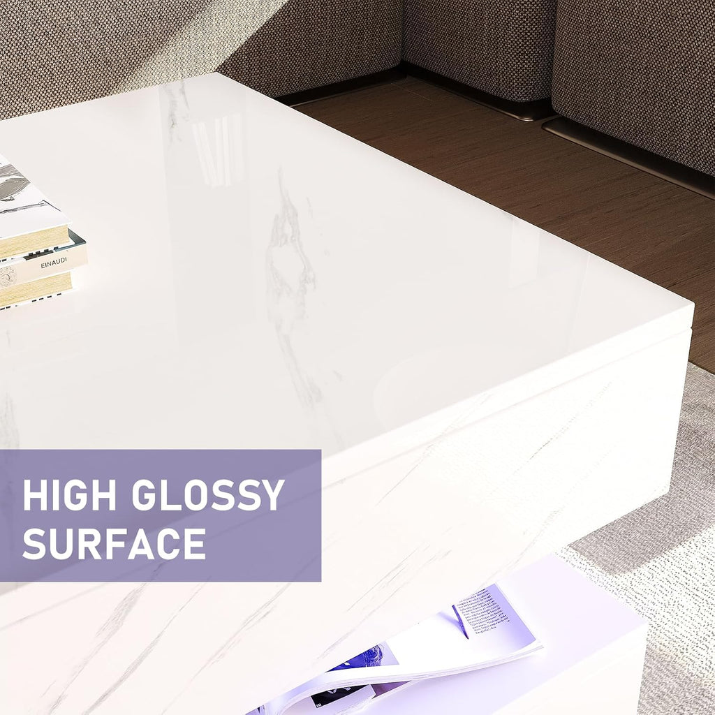 HOMFAMILIA LED Coffee Table with 2 Storage Drawers, Modern High Gloss White Coffee Table w/20 Colors LED Lights, 2 Tiers Rectangle Center Table for Living Room with Marbling Print, APP Control, White
