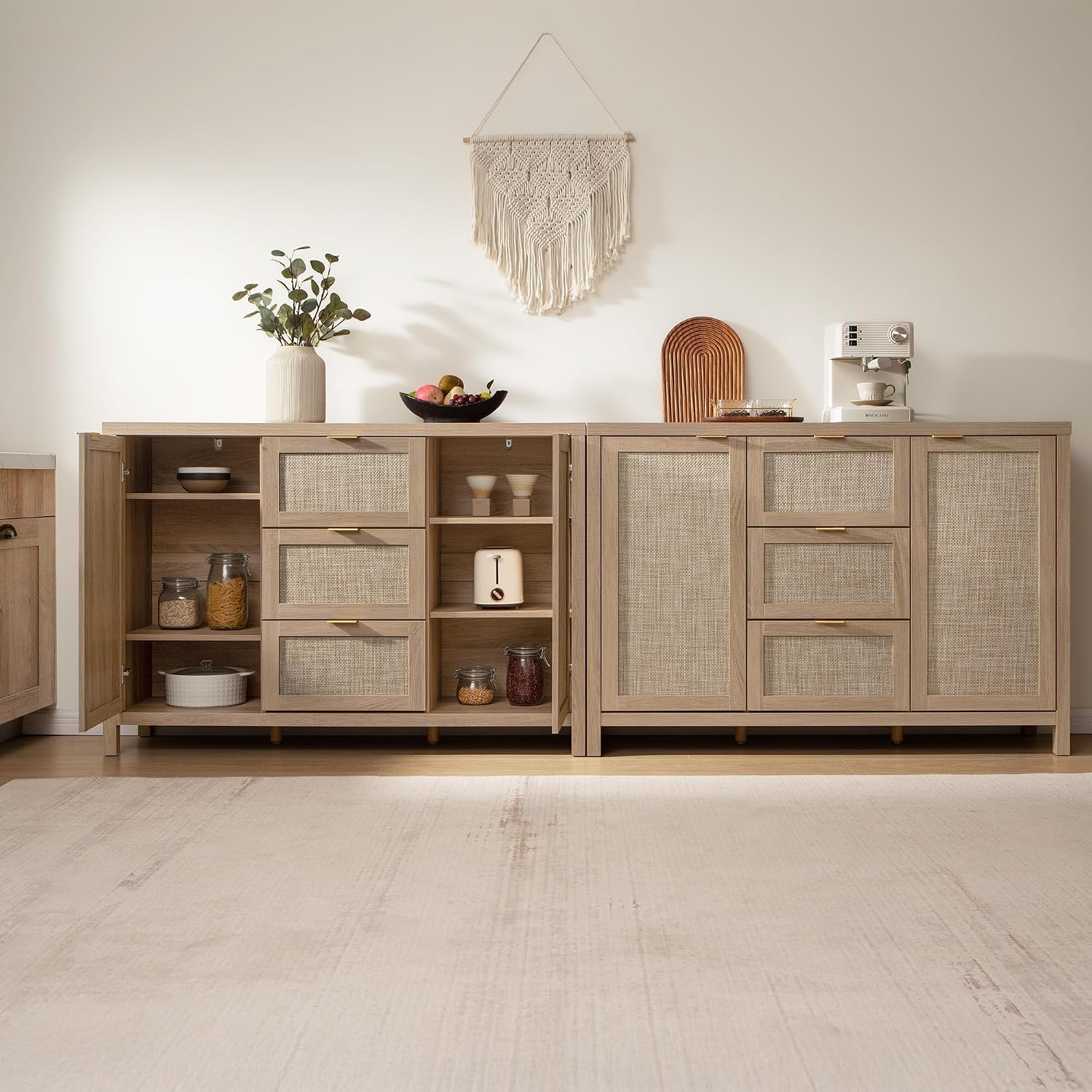 SICOTAS 52' Larger Sideboard Buffet Coffee Bar Cabinet with Storage - Farmhouse Rattan Credenza Storage Cabinet with 3 Drawers and 2 Doors, Boho Console Table for Living Room, Kitchen, Light Oak