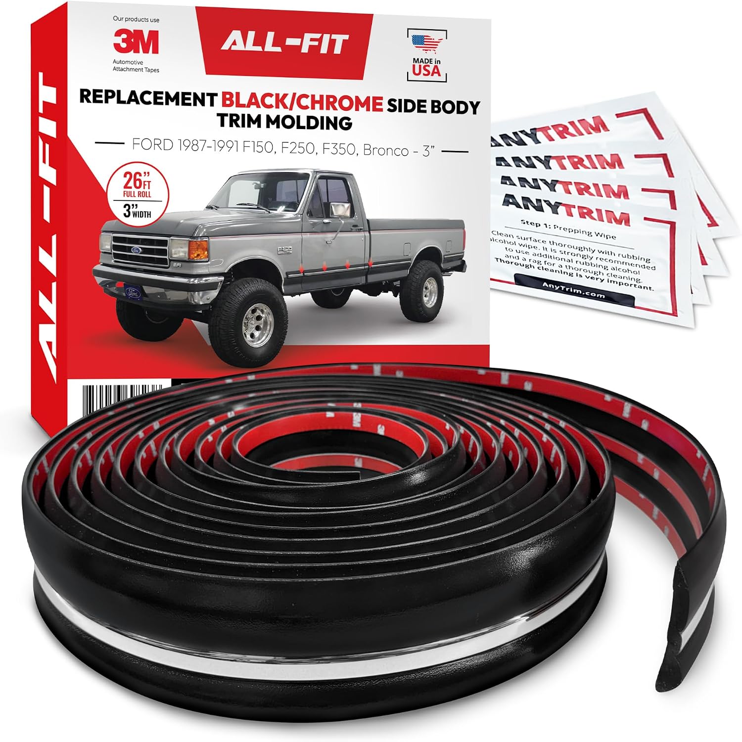 All-Fit Automotive Replacement Old Style Body Side Molding (3') – OEM Grade Black/Chrome Trim for 1987-1991 Brick Nose Ford F150, F250, F350 & Bronco – Easy to Install Truck Accessories (26 Ft)