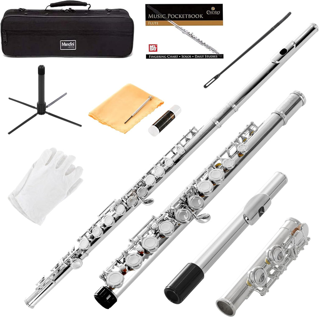 Mendini By Cecilio Flute, 16 Keys Closed Hole C Flute Instrument For Beginners with Carrying Case, Cork Grease, Stand, Lesson Book, Cleaning Kit, Gloves (Silver)