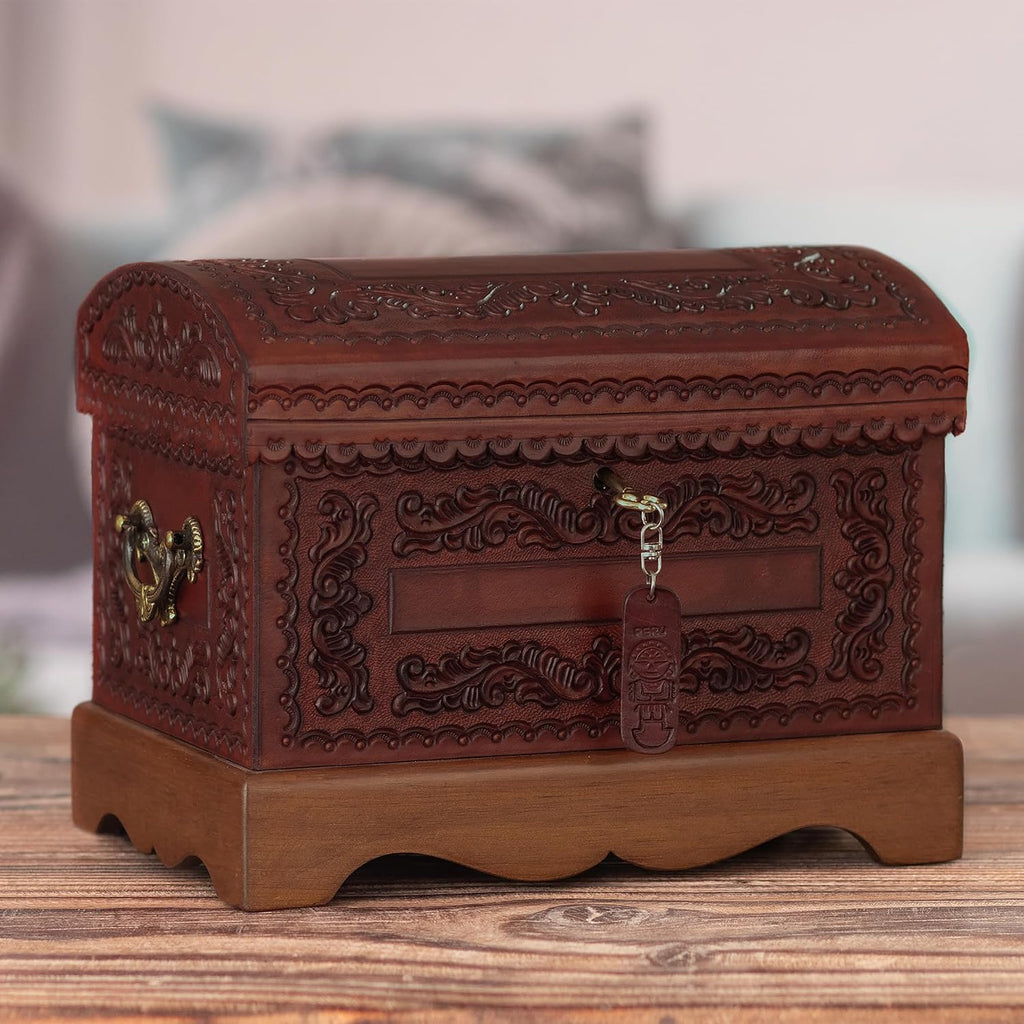 NOVICA Colonial Wood And Leather Jewelry Box, Brown 'Colonial Treasure'