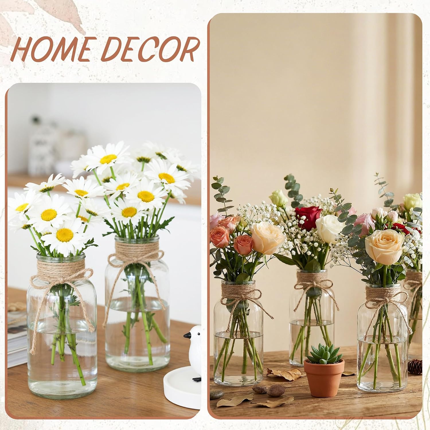 Vintage Glass Flower Vase, Farmhouse Glass Centerpiece Vases Mason Jars for Weddings, Parties & Home Decor Bulk (48, Transparent)