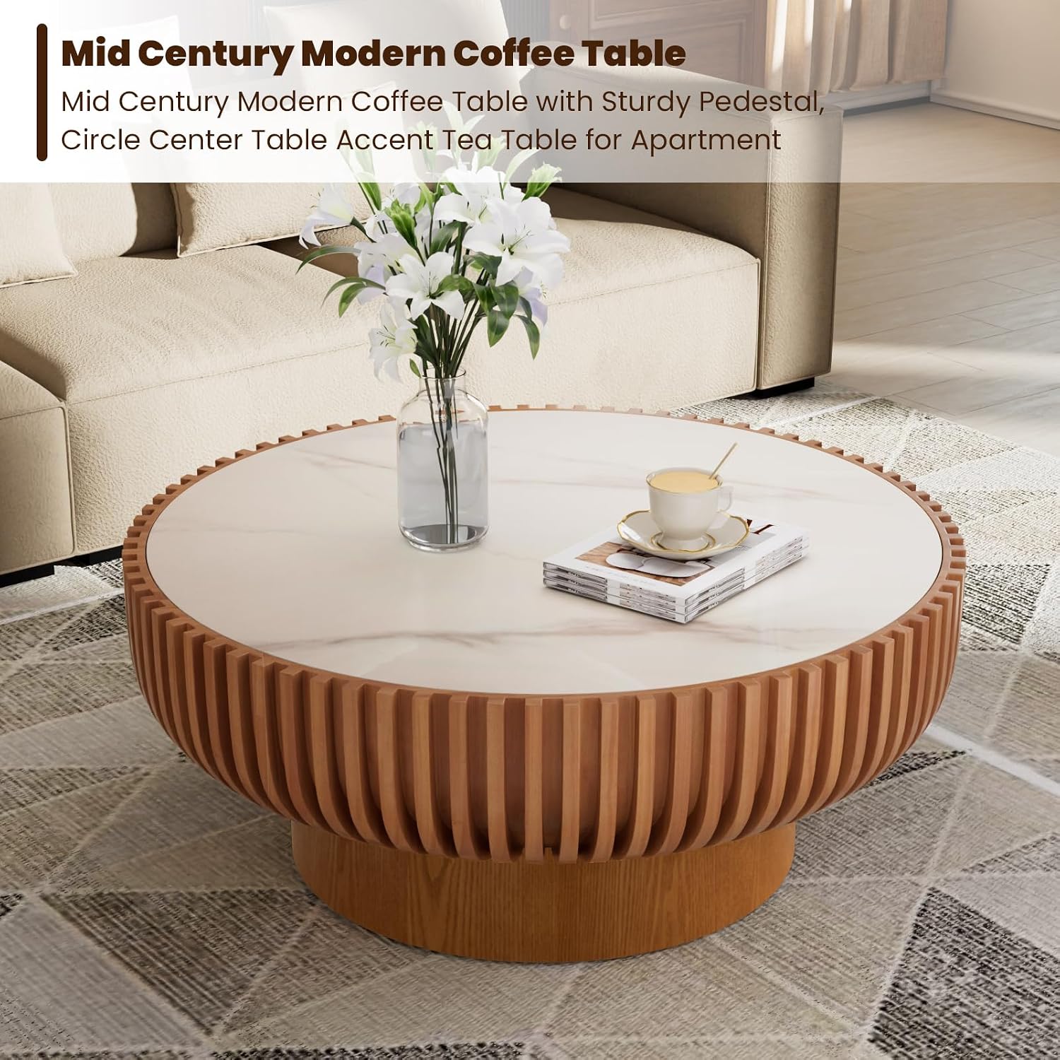 Fluted Round Coffee Table, 31.5' Drum Coffee Table with Sintered Stone Tabletop, Modern Wood Circle Center Table for Living Room Apartment, Easy Assembly (31.5' Sintered Stone Tabletop)
