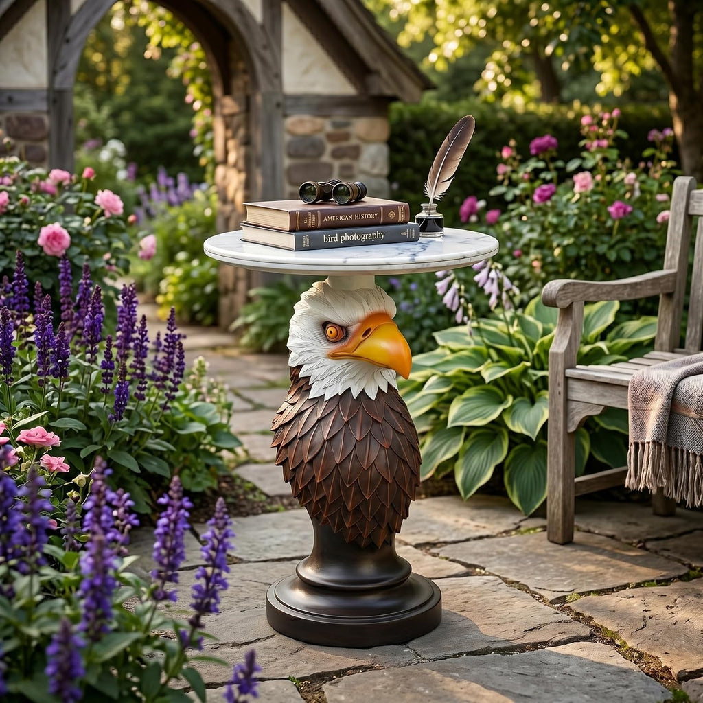 Bald Eagle Sculptural Side Table with Faux Marble Top, 17.72' Round Resin Animal End Table, Unique Eagle Statue Decor for Living Room, Office & Patio, Patriotic Housewarming Gift