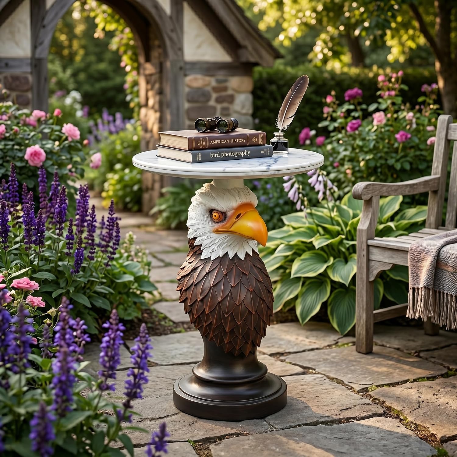 Bald Eagle Sculptural Side Table with Faux Marble Top, 17.72' Round Resin Animal End Table, Unique Eagle Statue Decor for Living Room, Office & Patio, Patriotic Housewarming Gift