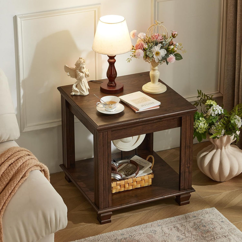 SAVOR LIFE Farmhouse End Table Set of 2,Large Side Table with 2-Tier Storage Shelf,Rustic Brown End Tables for Living Room,Square Tea Table,Walnut