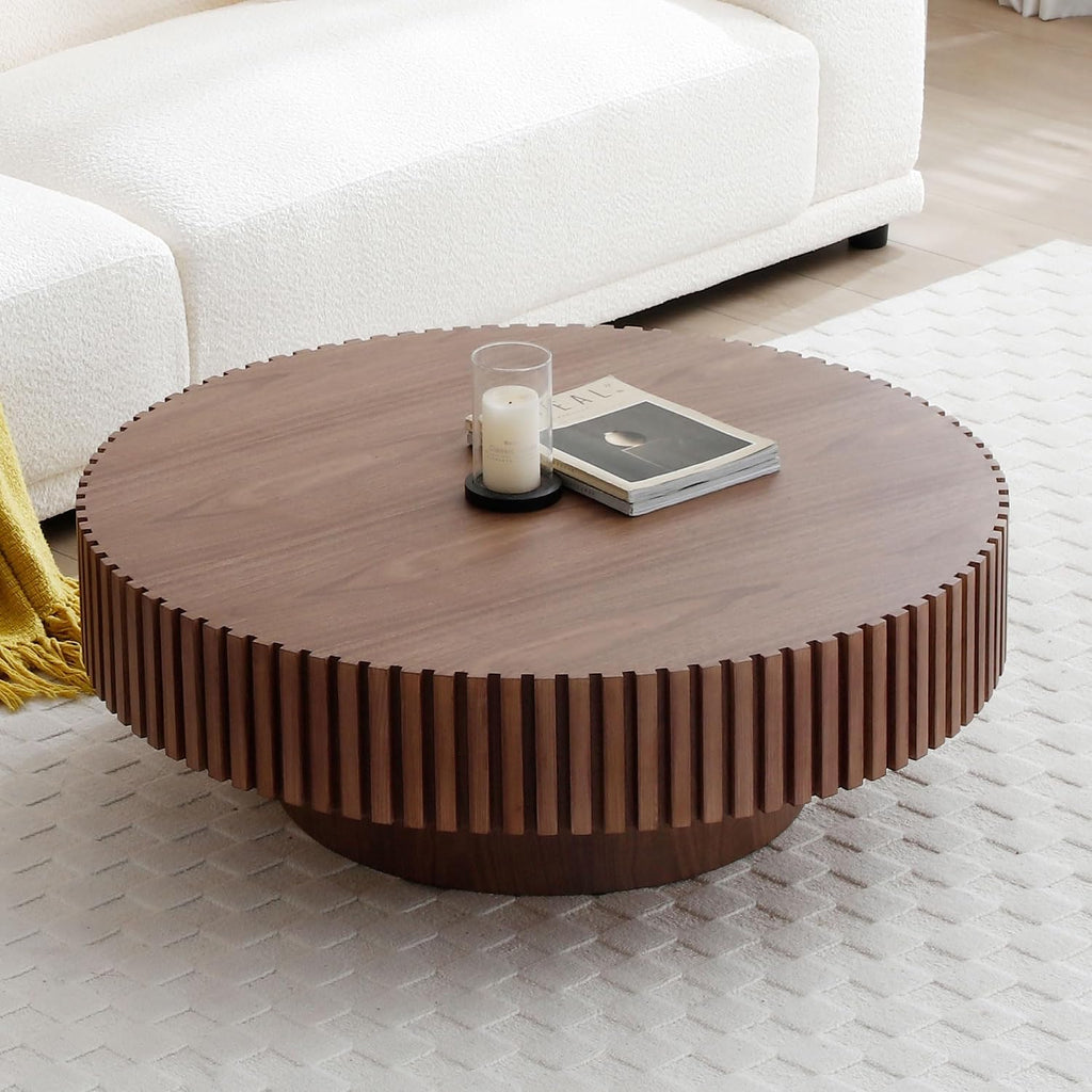 39' Round Drum Coffee Table with Sturdy Pedestal, Mid Century Modern Fluted Coffee Table, Circle Center Table Accent Tea Table for Living Room Apartment Walnut