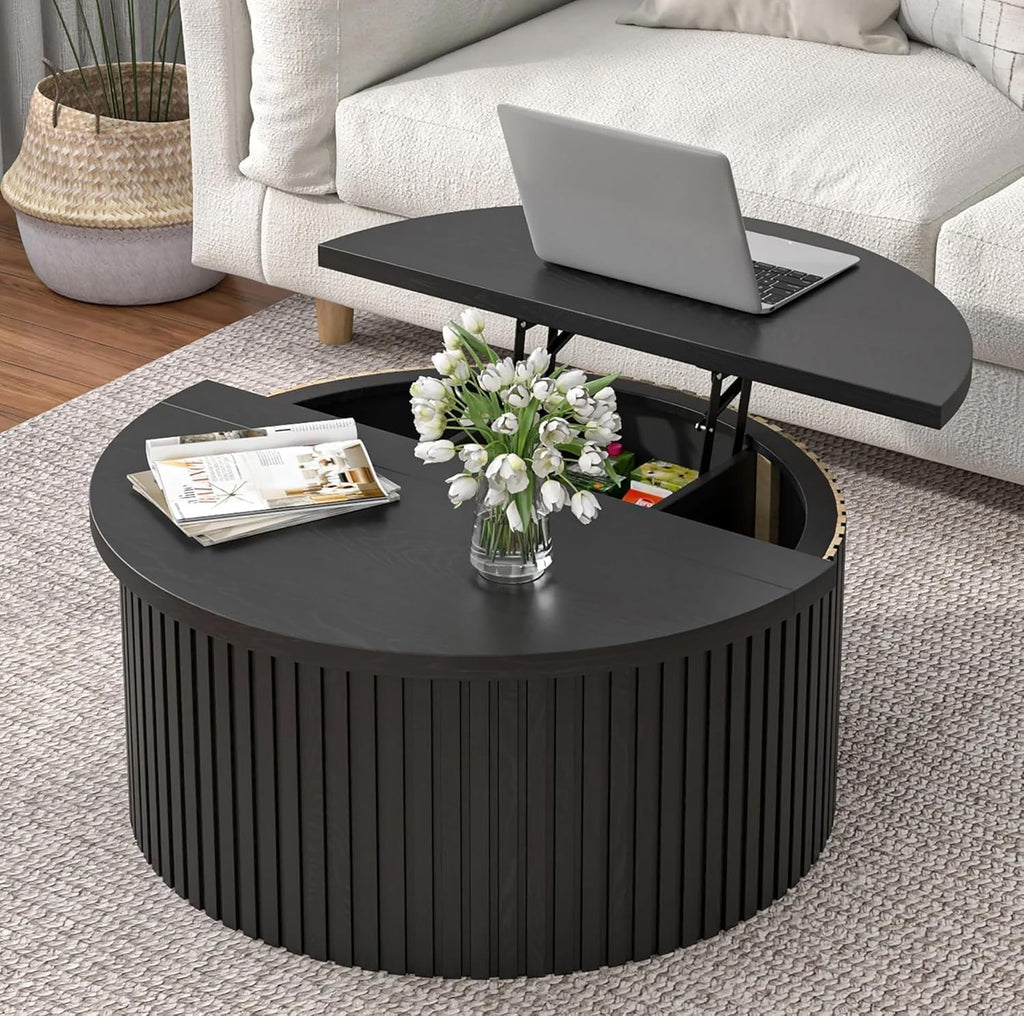 Fsbecl Fluted Lift Top Coffee Table with Storage, 34.6'' Round Coffee Tables for Living Room, Circle Wood Center Table with Hidden Conpartment (Black)
