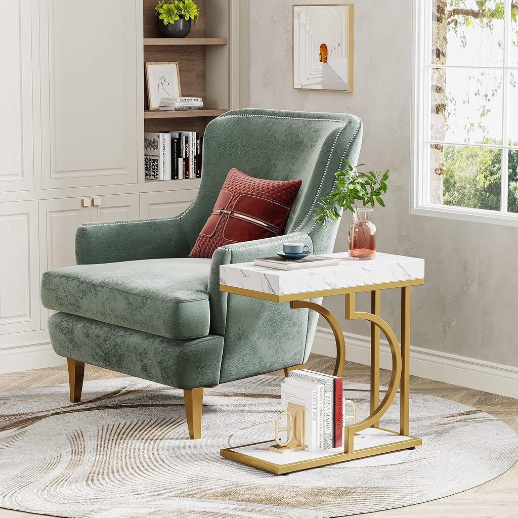 Tribesigns Narrow Side Table Set of 2, C Shaped End Table for Couch, White Gold Modern Bedside Tables with Metal Frame, Small Sofa Tables for Small Spaces, Living Rooms (2, White+Gold)