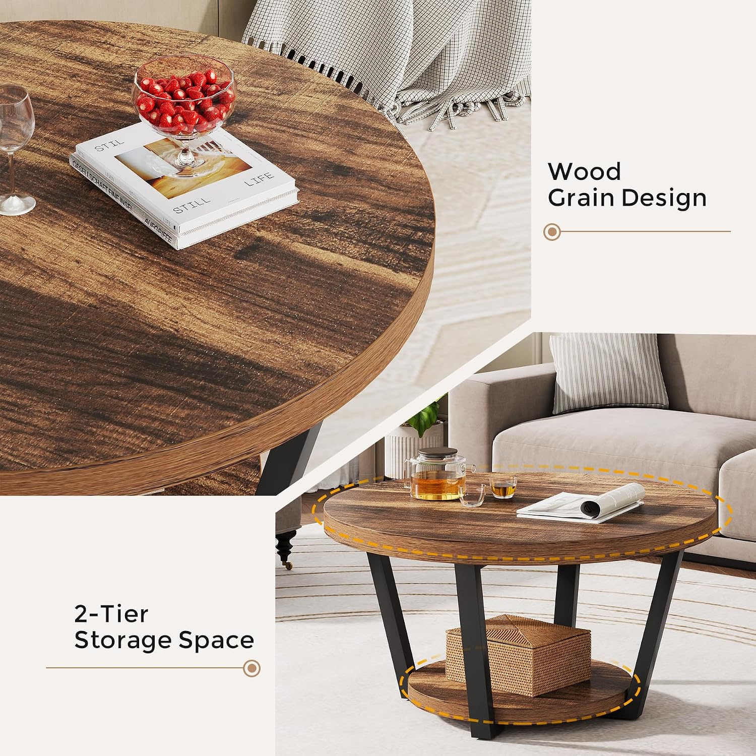 Round Coffee Table with Storage Shelf, 2-Tier Wooden Accent Center Table, Modern Industrial Living Room Furniture, Rustic Brown
