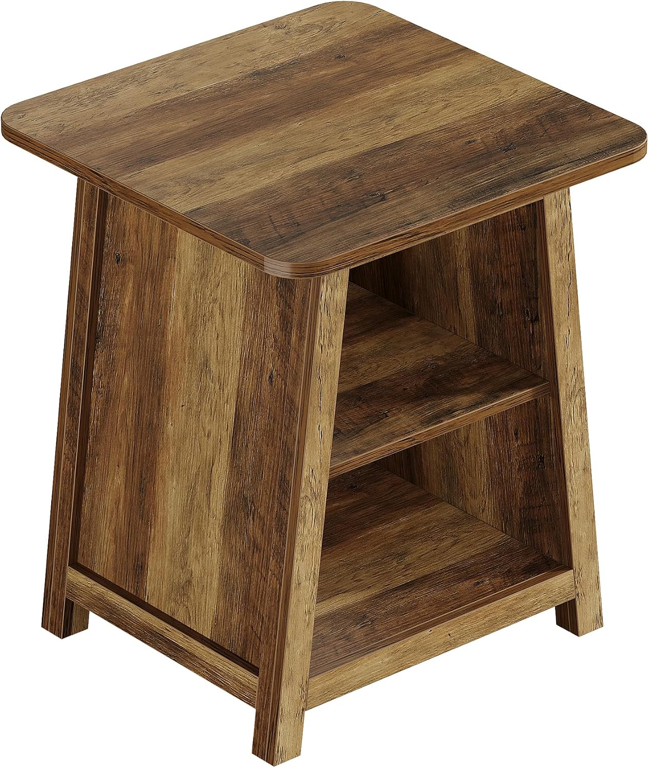 Tribesigns 3-Tier Rustic Farmhouse Wooden End Table with Open Storage Shelves, Trapezoid Angled Leg Side Table for Living Room, Small Space Friendly Sofa Side Table