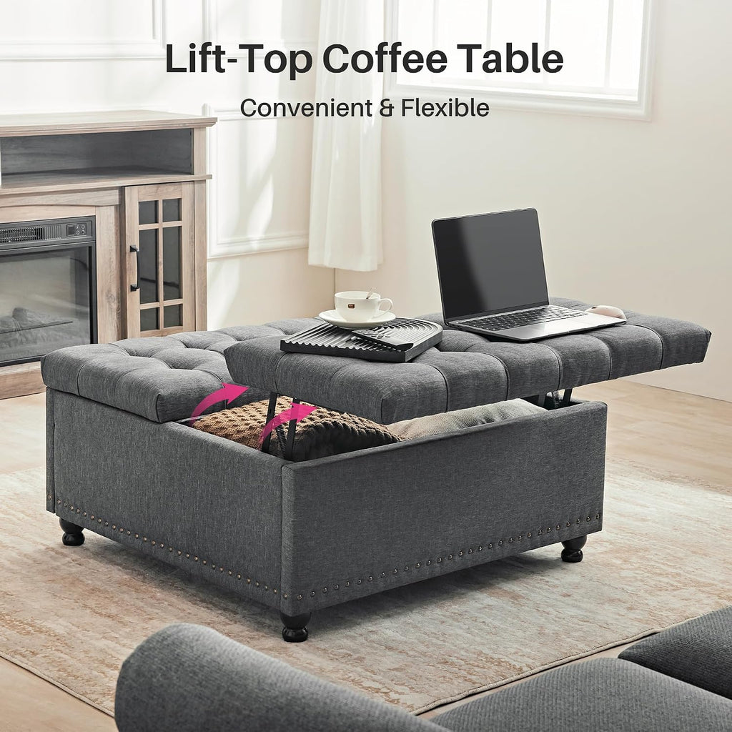 Redlife 35 Inch Large Square Storage Ottoman, Storage Ottoman Coffee Table with Lift Top Linen Ottomans Bench Square Footrest Oversized Upholstered Coffee Table for Living Room Bedroom (Dark Grey)