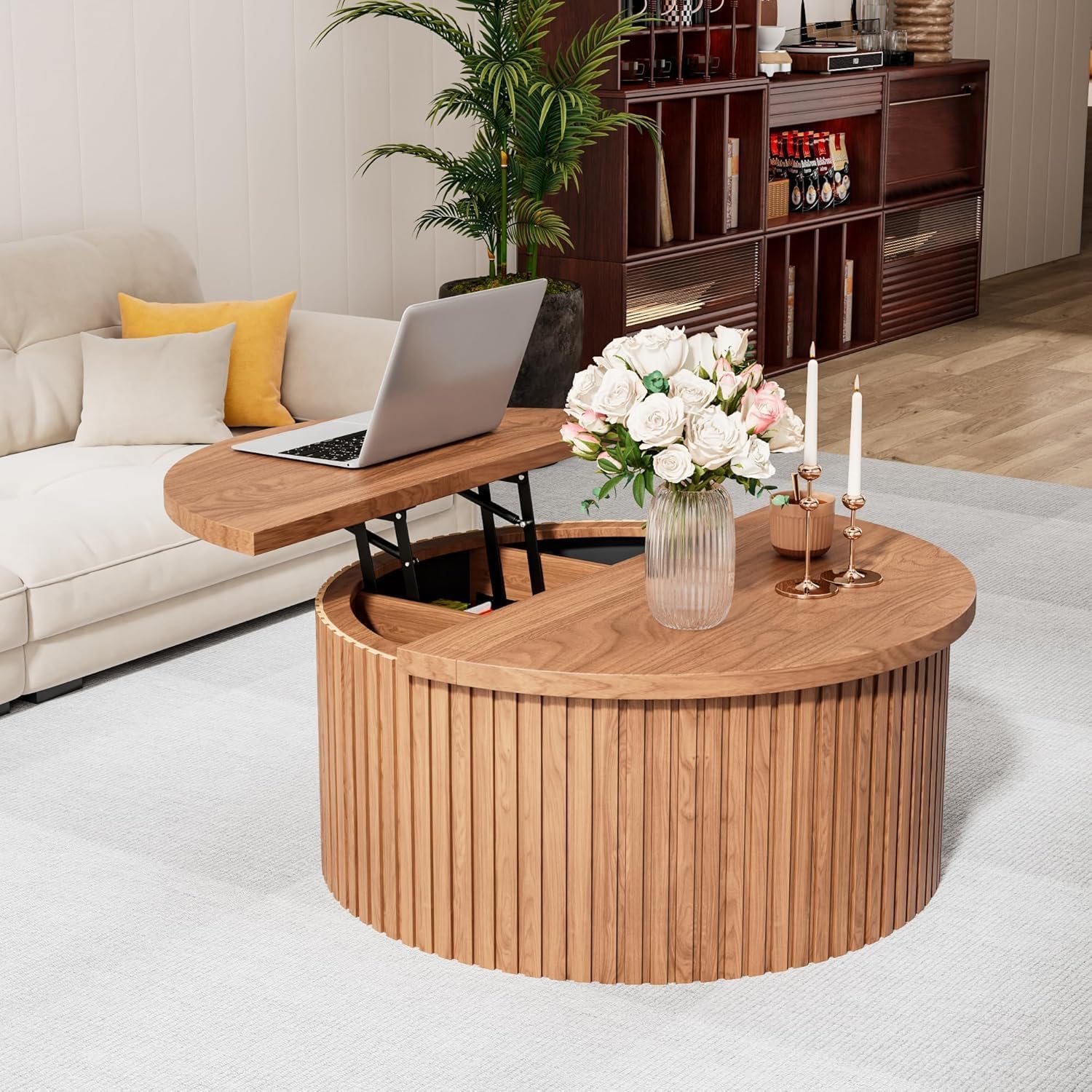 Fsbecl Fluted Lift Top Coffee Table with Storage, 34.6'' Round Coffee Tables for Living Room, Circle Wood Center Table with Hidden Conpartment (Walnut)