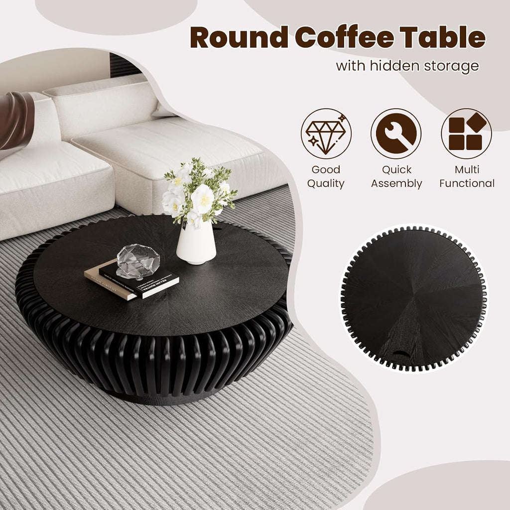 Round Coffee Table with Storage, Mid Century Modern Drum Coffee Table for Living Room, Fluted Circle Center Table with Sturdy Pedestal, Accent Tea Table for Apartment (35.4' Black with Storage)